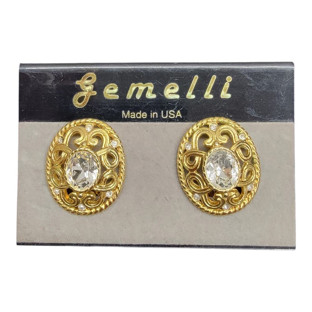 Vintage Gemelli Gold Filigree Clip On Earrings Large Oval Crystal Rhinestone USA